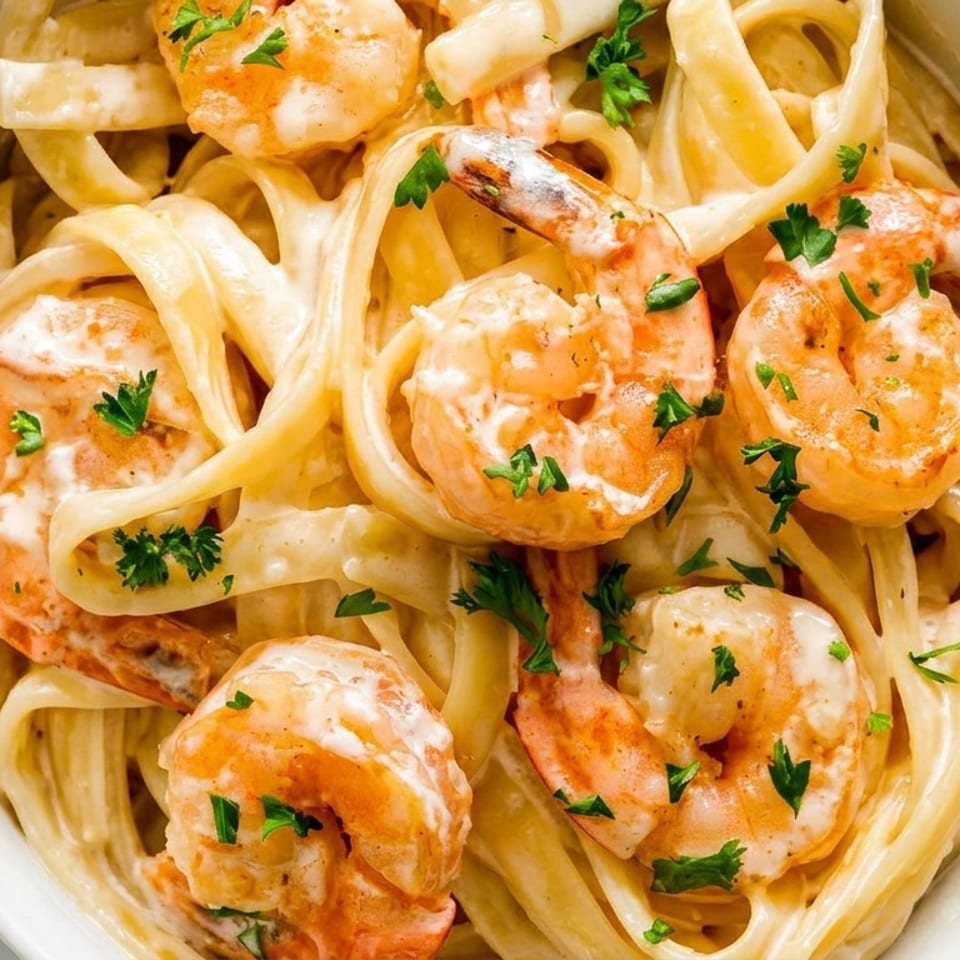 Creamy fettuccine pasta topped with shrimp and garnished with fresh parsley in a white bowl.