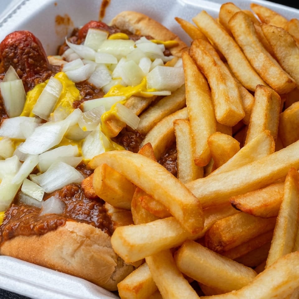 Chili cheese hot dog topped with chopped onions and mustard, served with a generous pile of golden French fries.