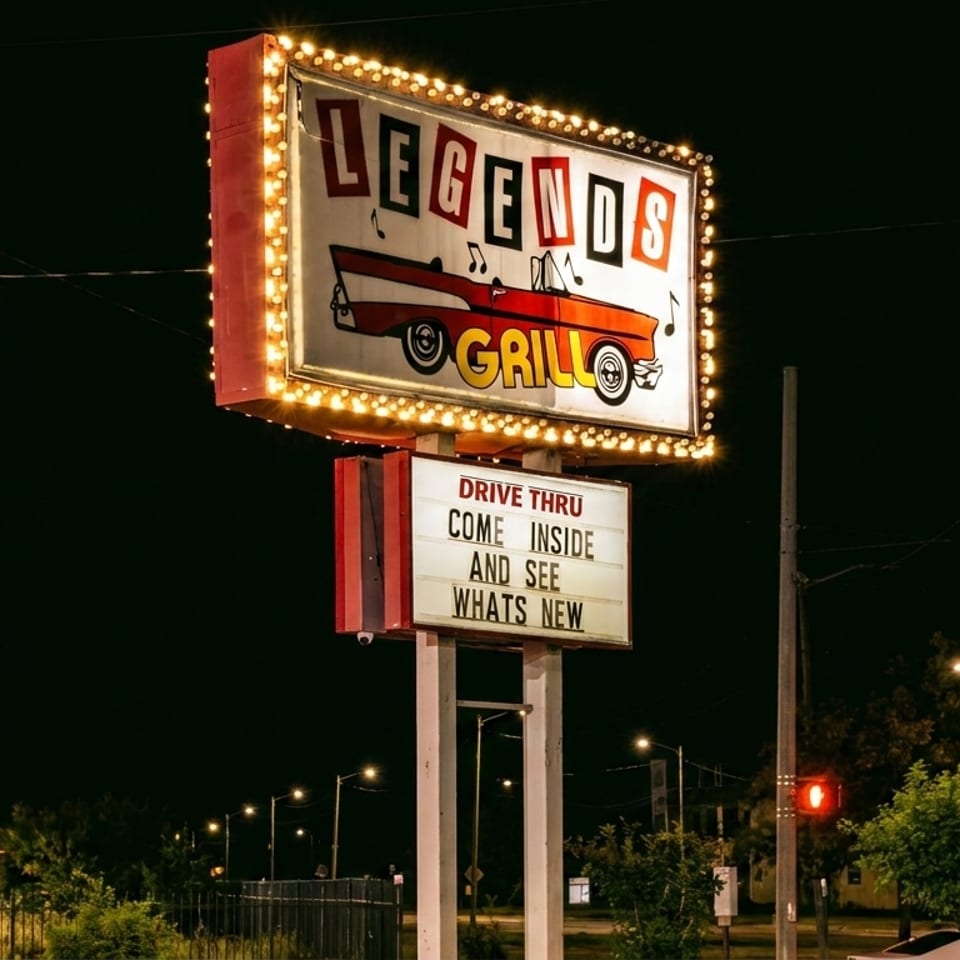 Illuminated Legends Grill roadside sign featuring a vintage car graphic and marquee message at night.