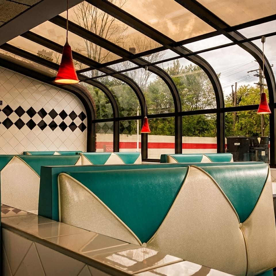 Retro diner interior with turquoise and cream booths, black-and-white diamond tile, red pendant lights, and curved glass windows.