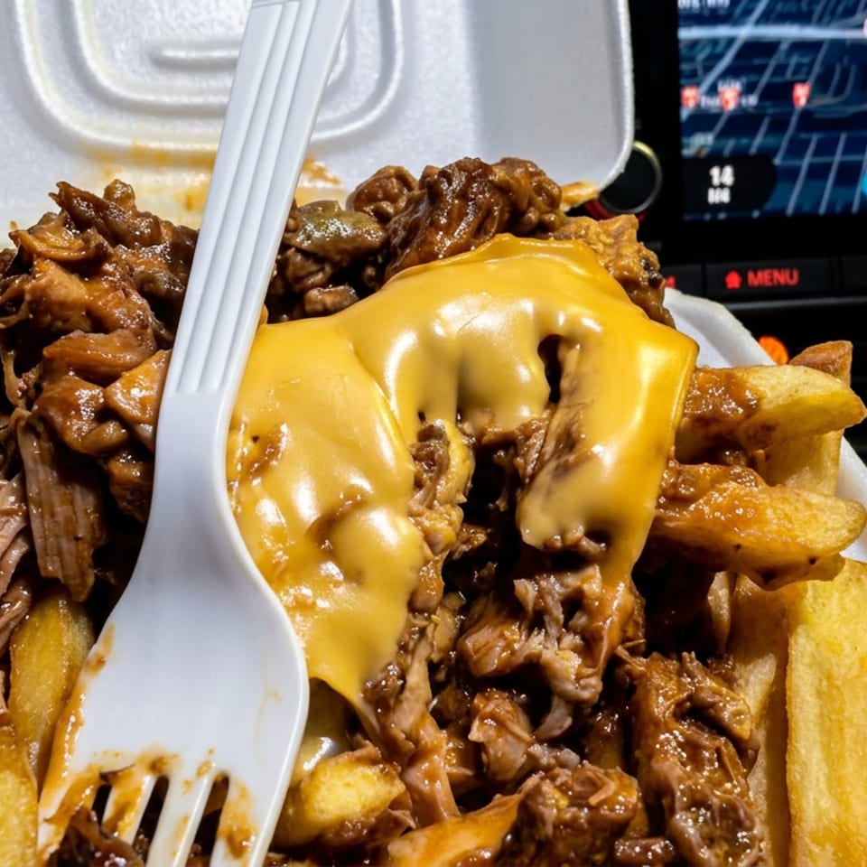 Takeout container filled with fries, shredded barbecue meat, and melted cheese, photographed inside a car.
