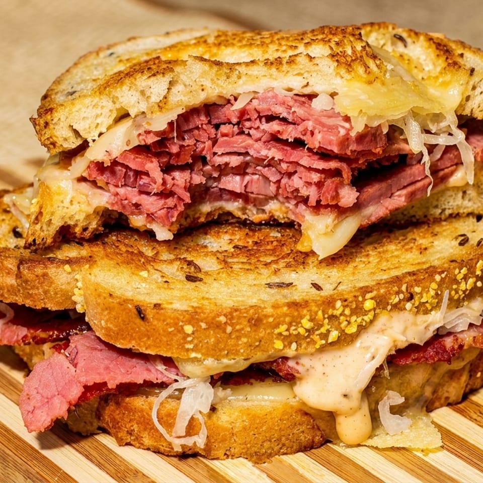 Stacked toasted pastrami sandwiches with melted cheese, sauerkraut, and creamy sauce on a striped wooden cutting board.
