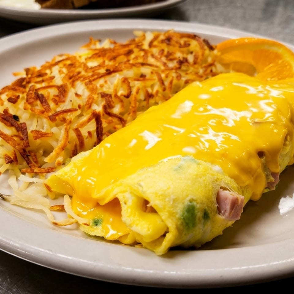 Cheese-covered ham and vegetable omelet served with crispy hash browns and an orange slice on a white plate.