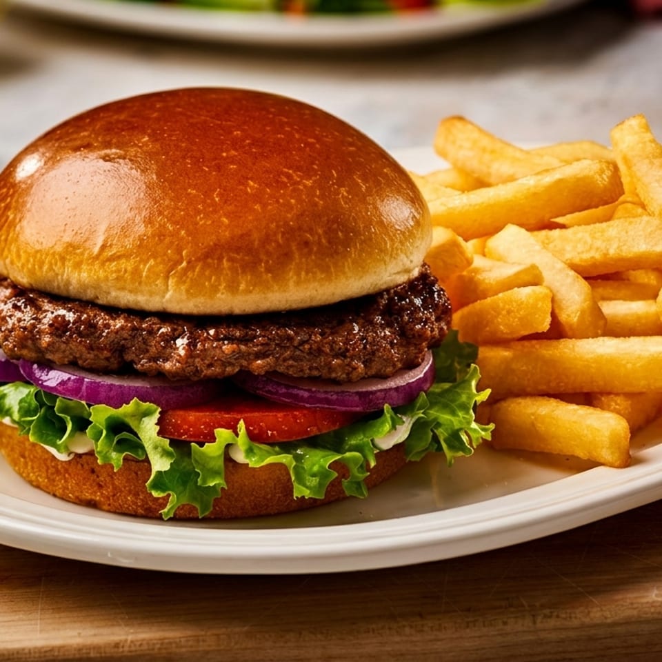 Juicy cheeseless burger with lettuce, tomato, and red onion served alongside golden fries on a white plate.