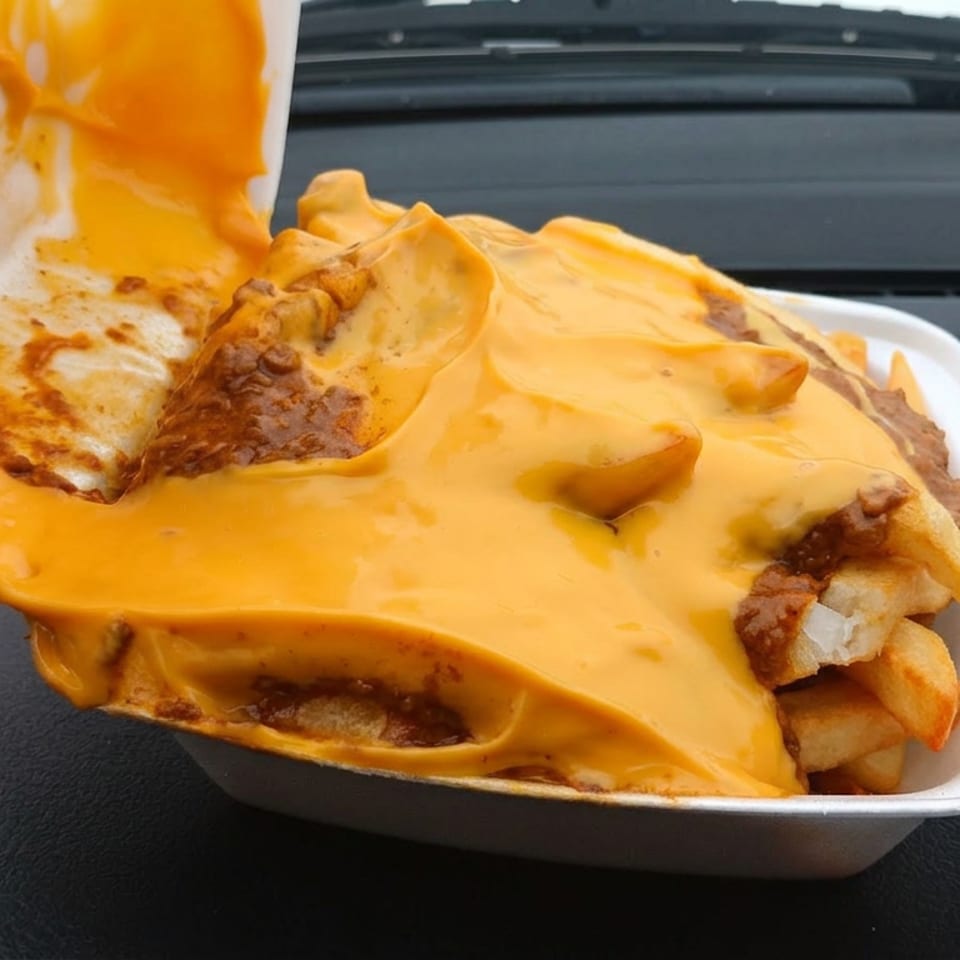 Takeout container holding fries and rolled tortillas smothered in melted cheese and brown sauce on a car dashboard.