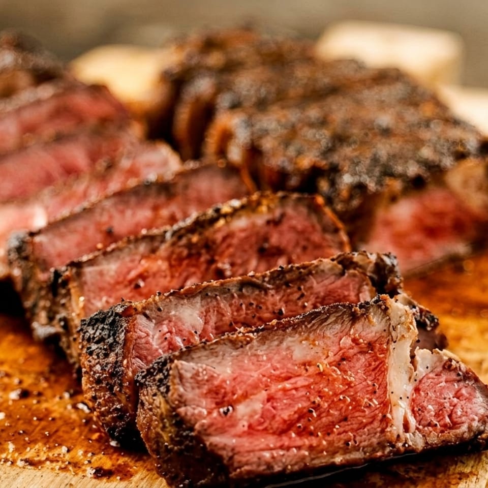 Thick slices of pepper-crusted medium-rare roast beef rest on a wooden cutting board with juices pooling around them.